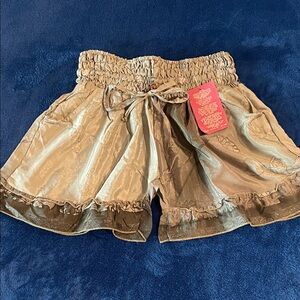 Smocked High-Waist Shimmery Green Ruffle-Hem Shorts